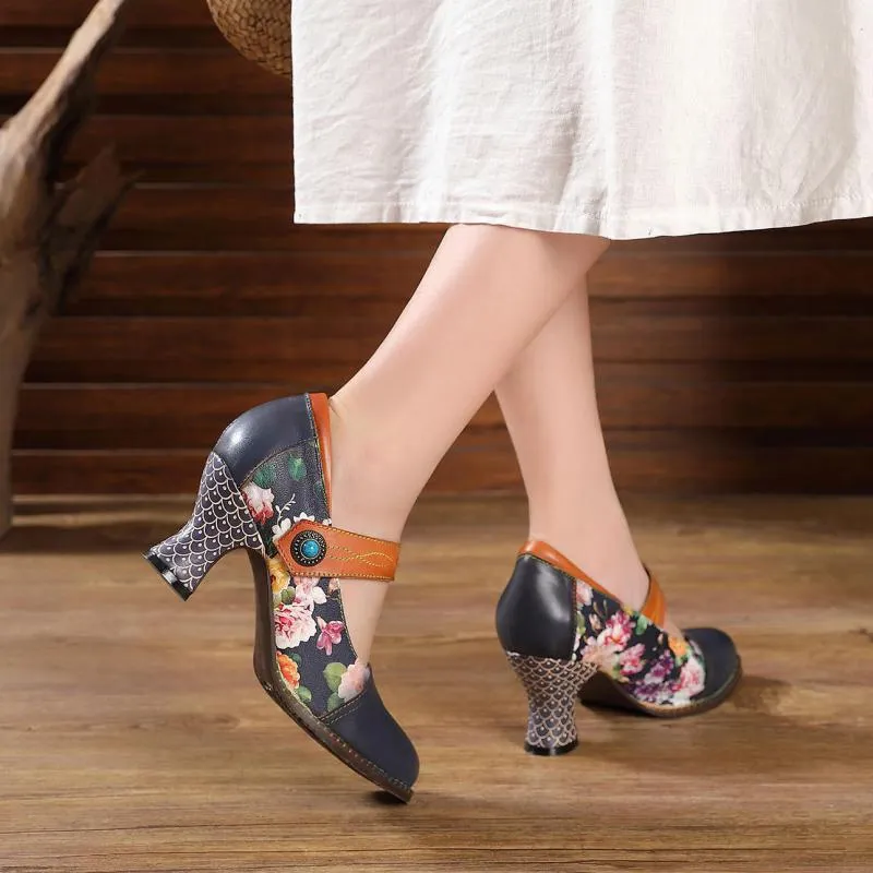 Women Shoes Retro Print High Heels Genuine Leather 2021 Handmade